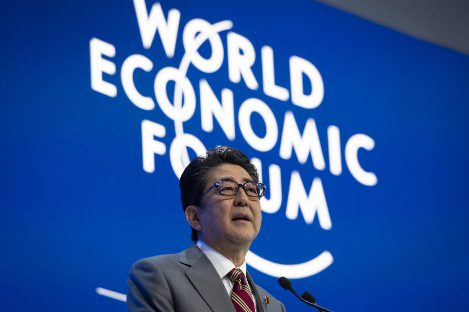 Shinzo Abe, Prime Minister of Japan, speaks during a plenary session in the Congress Hall at the 49th annual meeting of the World Economic Forum, WEF, in Davos, Switzerland, Wednesday, Jan. 23, 2019. T(Gian Ehrenzeller/Keystone via AP)