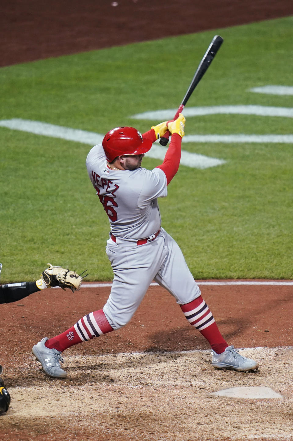 St. Louis Cardinals' Juan Yepez hits a single against the Pittsburgh Pirates to drive in the go-ahead run during the 10th inning of a baseball game Tuesday, Oct. 4, 2022, in Pittsburgh. The Cards won 8-7. (AP Photo/Keith Srakocic)