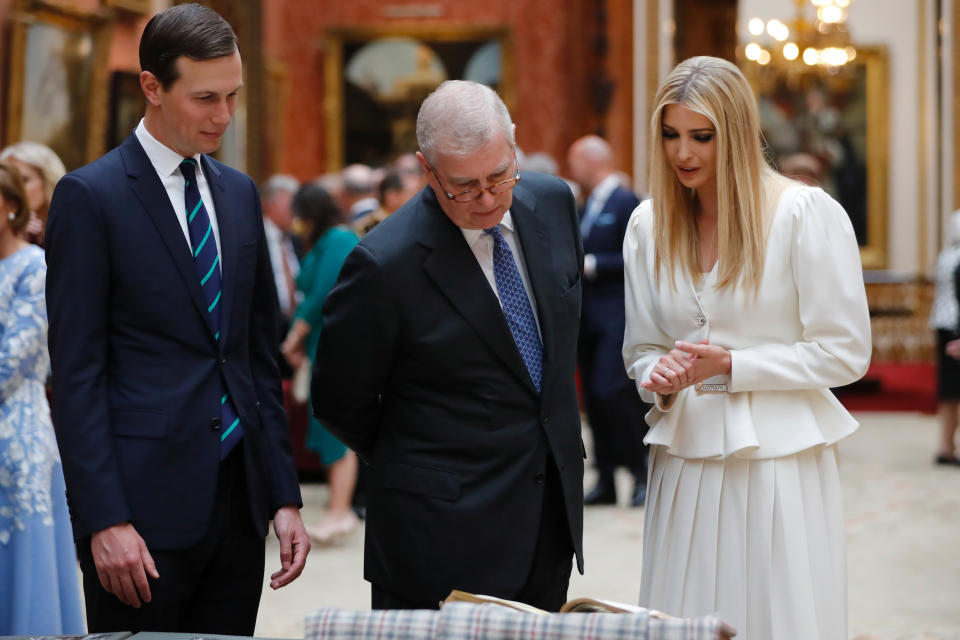 Ivanka Trump and Jared Kushner view displays from the Royal Collection with Prince Andrew at Buckingham Palace on June 3. (Photo: POOL New / Reuters)