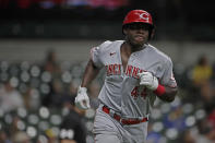 Cincinnati Reds' Aristides Aquino runs the bases after hitting a two-run home run during the ninth inning of a baseball game against the Milwaukee Brewers, Monday, June 14, 2021, in Milwaukee. (AP Photo/Aaron Gash)