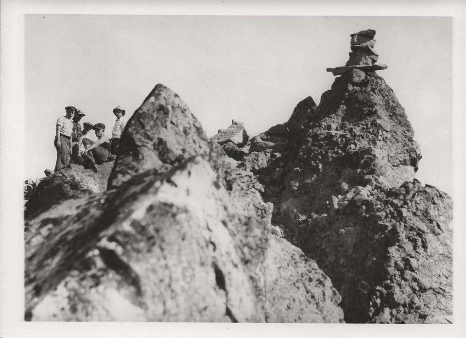 Phil Philbrook, Ronald Sellers, Wilbur Watkins, Leo Harryman and Ervin McNeal at the summit of Mount Washington on Aug. 26, 1923. They erected the cairn of stones east of the extreme pinnacle.