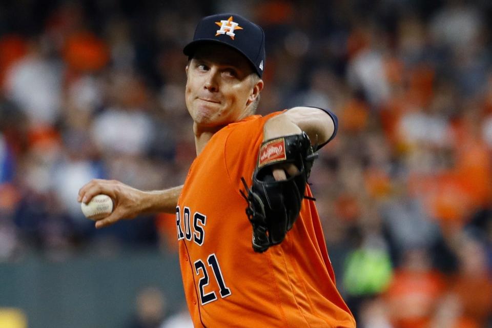 Houston Astros starting pitcher Zack Greinke throws during the first inning of Game 7 of the baseball World Series against the Washington Nationals Wednesday, Oct. 30, 2019, in Houston. (AP Photo/Matt Slocum)