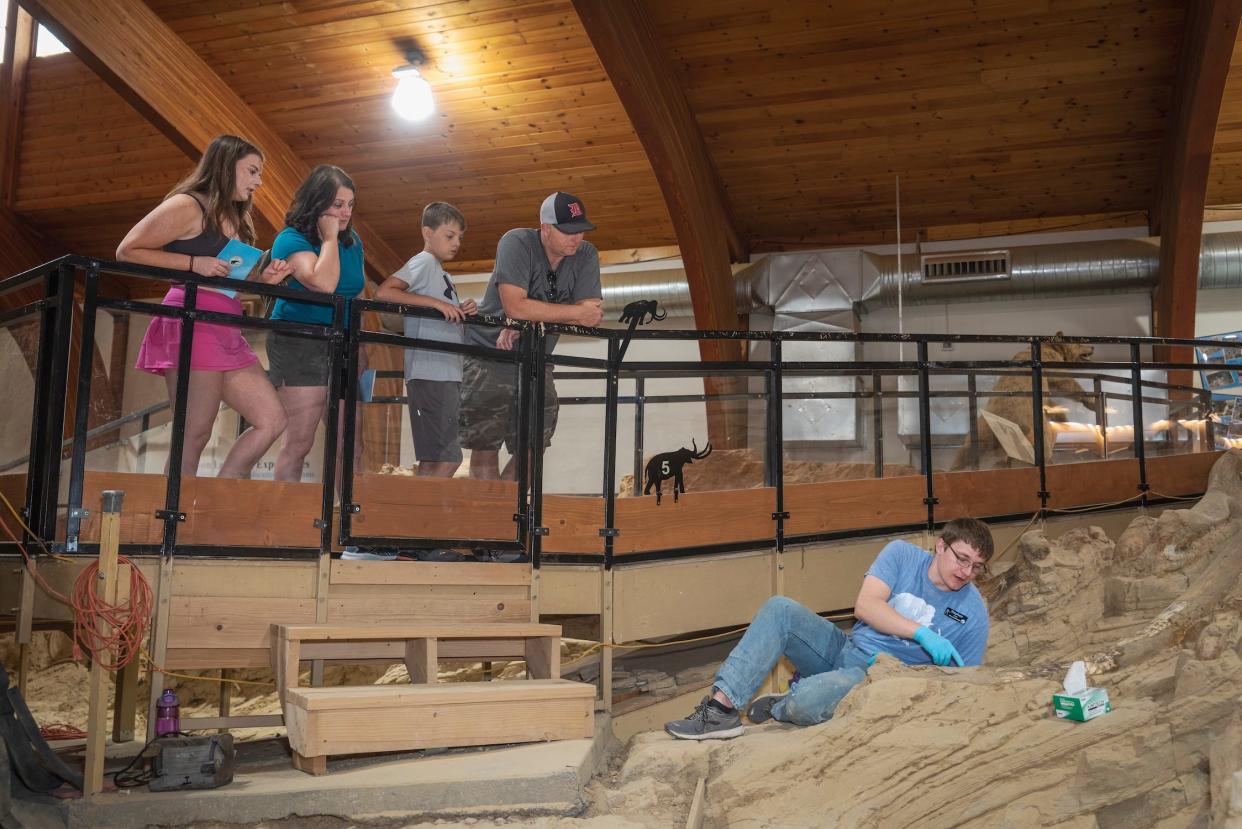 People overlook an excavator uncovering a fossil