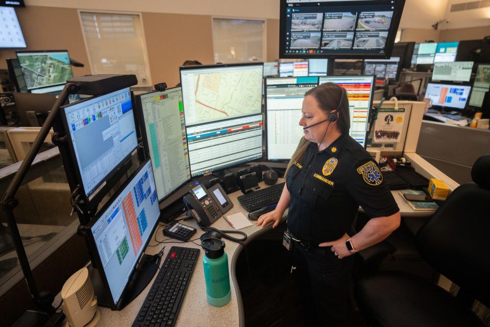 Angela Vorhies, Communications Commander with Austin Travis-County EMS, takes a call at the Combined Transportation, Emergency and Communications Center (CTECC) Thursday, June 20, 2024.