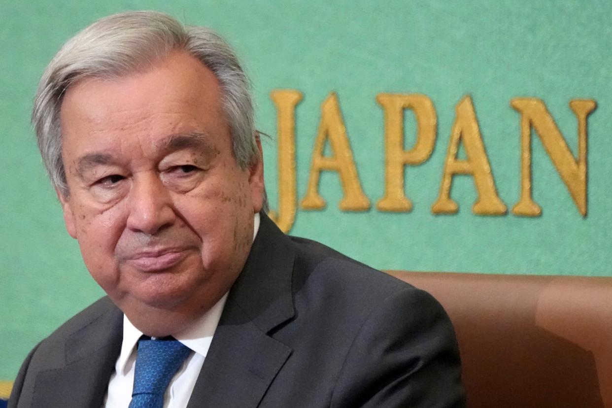 Secretary-General of the United Nations Antonio Guterres delivers a speech at the Japan National Press Club in Tokyo, Monday, Aug. 8, 2022.