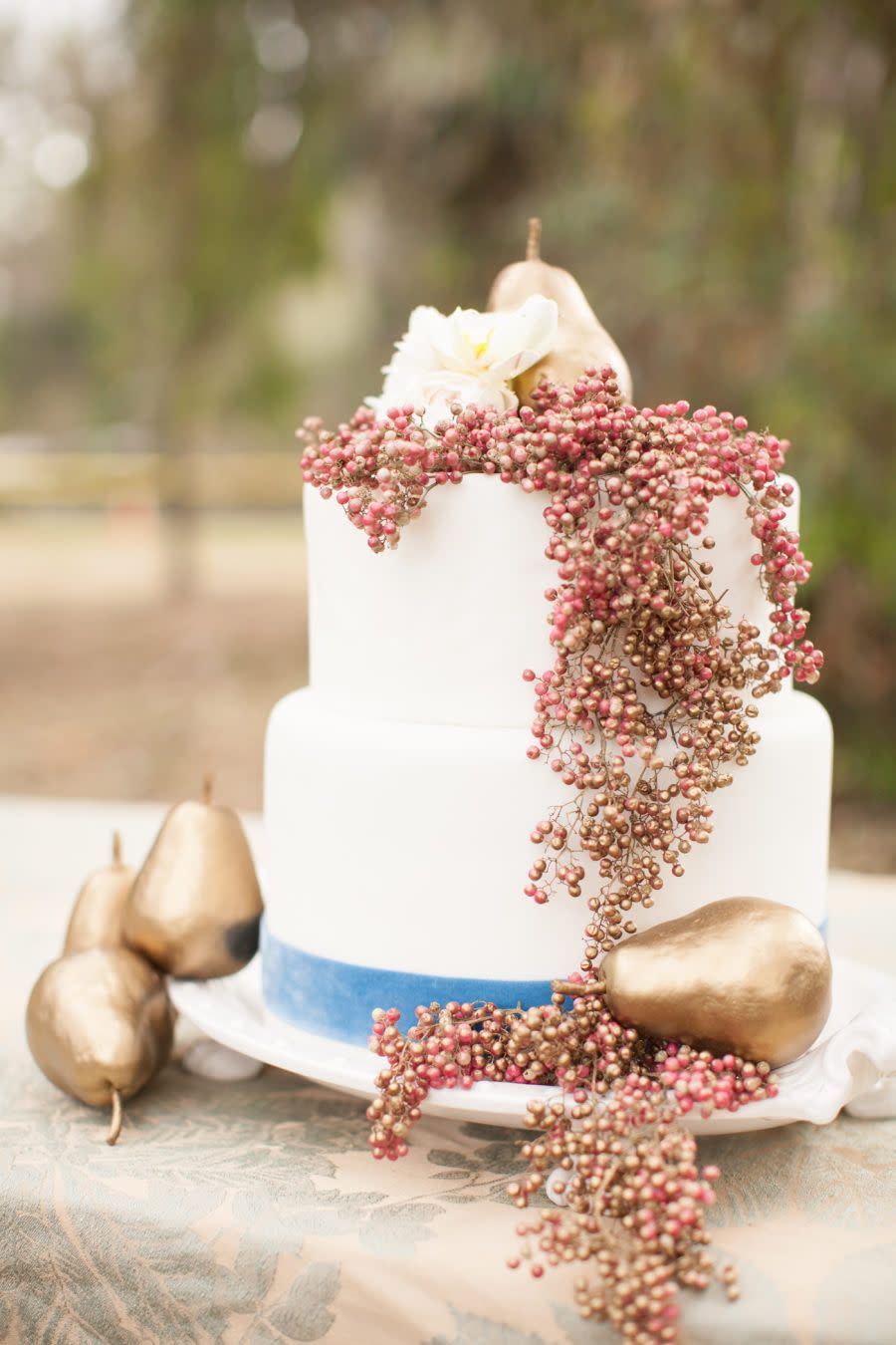 Gold Pears and Berries Wedding Cake