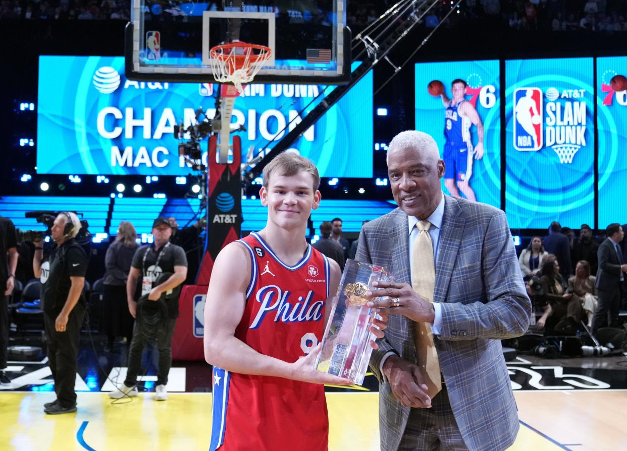 Hall of Famer Julius Erving, right, presents former Texas Tech guard Mac McClung with the dunk contest trophy Saturday night at NBA All-Star Weekend in Salt Lake City.