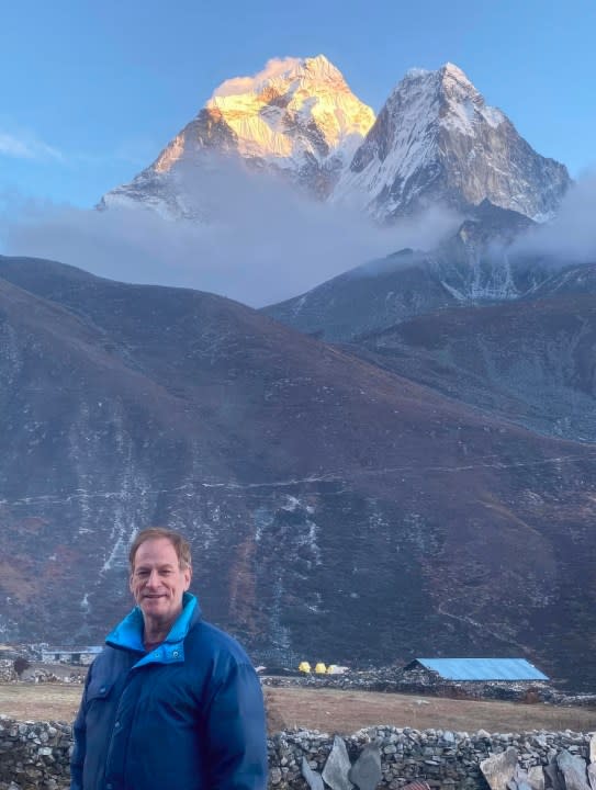 Walnut Creek Councilmember, Kevin Wilk, at 14,500 feet is much higher than the tree line with views in every direction of the Himalayas, during a recent climb to the Mount Everest South Base Camp at 17,598″ in Nepal. Wilk left on Oct. 26 and returned on Nov. 18, 2023 with the ascent taking nine days and decent five days. He was on the mountain for a total of 15 days. (Kevin Wilk via Bay City News)