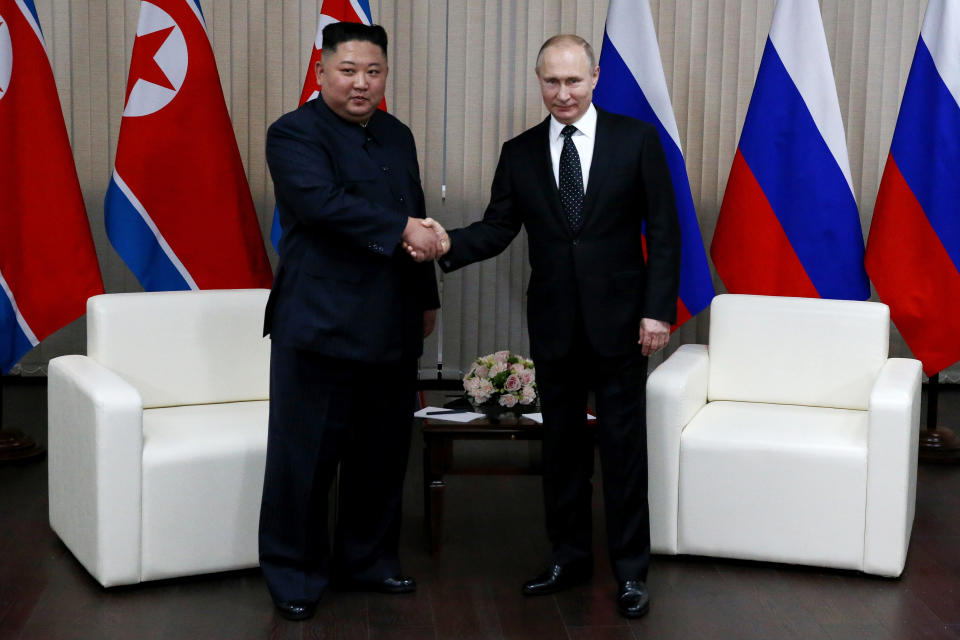 Russian President Vladimir Putin and Kim Jong Un in Russia in 2019. 