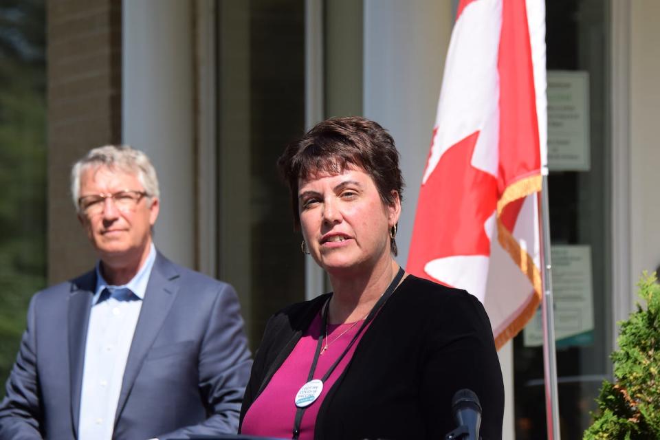 Rita Isley speaks during a funding announcement in Guelph on Aug. 22 where Wyndham House received federal funding to help with its youth hub program.