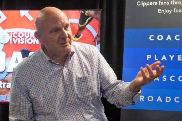 Los Angeles Clippers owner Steve Ballmer talks about his team’s new augmented reality technology game viewing experience before the Clippers home opener Wednesday night at the Staples Center. (GeekWire Photo / Todd Bishop)