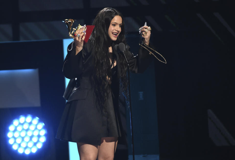 Rosalia accepts the award for album of the year for "El Mal Querer" at the 20th Latin Grammy Awards on Thursday, Nov. 14, 2019, at the MGM Grand Garden Arena in Las Vegas. (AP Photo/Chris Pizzello)