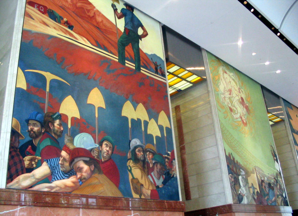This undated image provided by Visit Charlotte shows frescoes painted by Ben Long in the Bank of America Corporate Center in Charlotte, N.C. Long who studied fresco painting in Italy before bringing the art to churches in his home state of North Carolina and the three-panel bank painting was his first secular fresco. (AP Photo/Visit Charlotte)