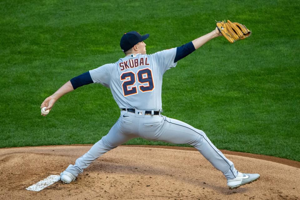 Detroit Tigers starting pitcher Tarik Skubal delivers a pitch in the first inning against the Minnesota Twins at Target Field, Sept. 22, 2020.