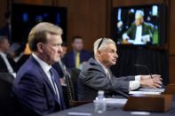 PGA Tour board member Jimmy Dunne, right, testifies alongside PGA Tour chief operating officer Ron Price during a Senate Subcommittee on Investigations hearing on the proposed PGA Tour-LIV Golf partnership, Tuesday, July 11, 2023, on Capitol Hill in Washington. (AP Photo/Patrick Semansky)