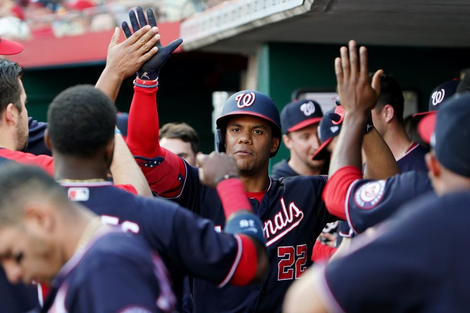 Washington Nationals left fielder Juan Soto (22) is congratulated in the dugout after hitting a home run the third inning of a baseball game against the Cincinnati Reds, Friday, June 3, 2022, at Great American Ball Park in Cincinnati. 