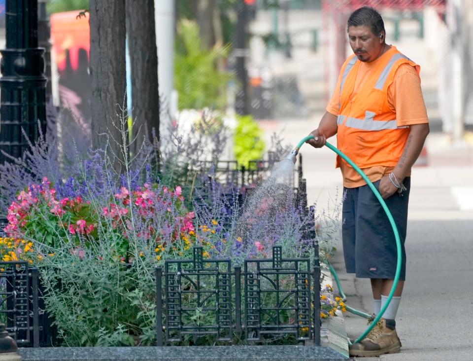 Henry Olivarez, with KEI Landscaping, out of Milwaukee, waters flower beds along East Wisconsin Avenue in Milwaukee on Tuesday, July 25, 2023.  A study released shows 40 percent of Milwaukee is in an urban heat island where it's 8 degrees warmer than the rest of the city.