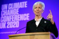 European Central Bank (ECB) President Christine Lagarde addresses an event to launch the private finance agenda for the 2020 United Nations Climate Change Conference (COP26) at Guildhall in London