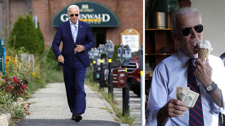 Vice President Joe Biden, right, gets ready to pay for an ice cream cone after a campaign rally for U.S. Sen. Jeff Merkley in Portland, Ore., Wednesday, Oct. 8, 2014. Biden was in Portland campaigning for Merkley who is being challenged by Republican Monica Wehby.(AP Photo/Don Ryan)