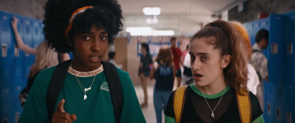 Josie (Ayo Edebiri, left) and PJ (Rachel Sennott) are the lustful teen lesbians at the heart of "Bottoms."