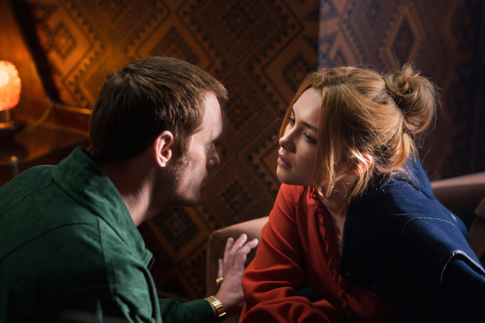 Gadi (Alexander Skarsgard) and Charlie (Florence Pugh) practice for the 1979 World Staring Championships (Picture: BBC)