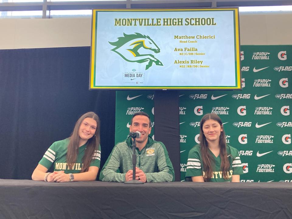 Montville flag football coach Matt Chierici and seniors Ava Failla and Alexis Riley speak at the New York Jets' media day on Feb. 22, 2024 at MetLife Stadium.