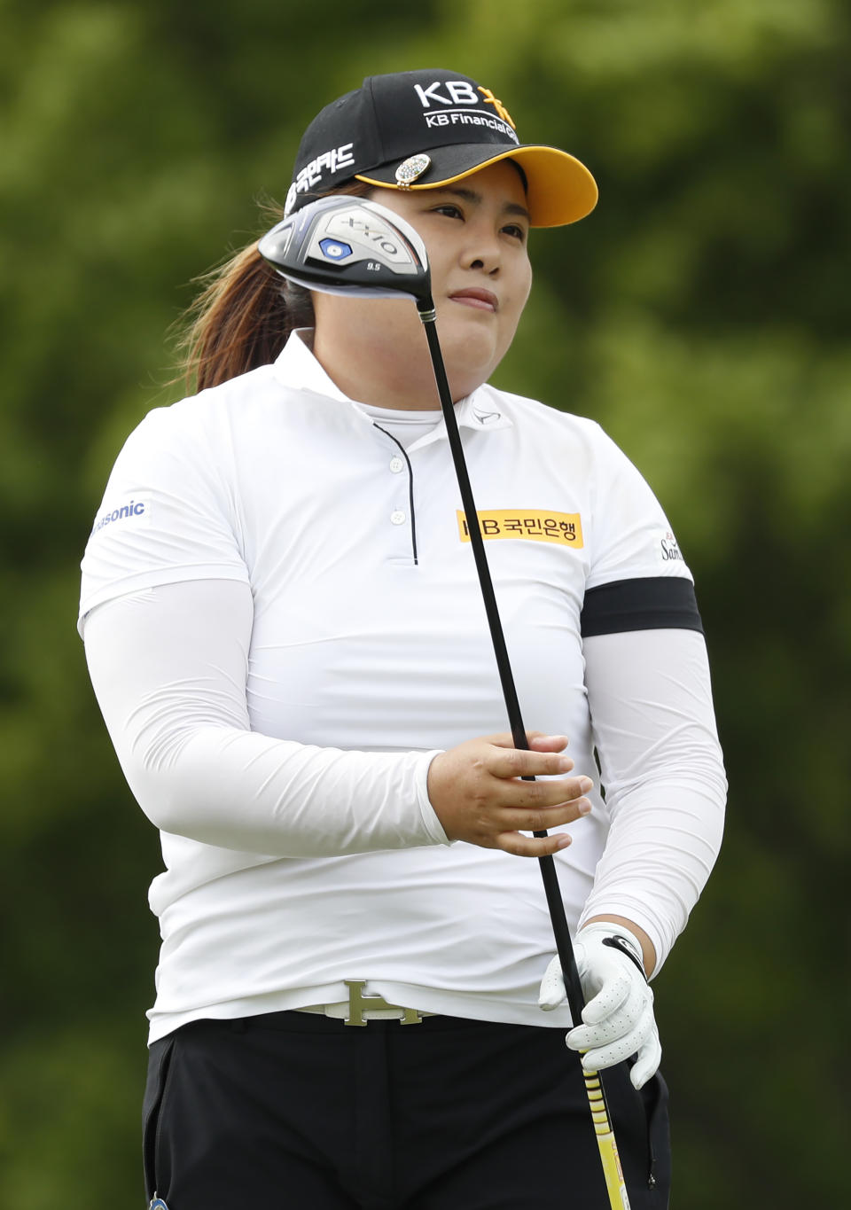 Inbee Park, of South Korea, watches her shot off the the 10th tee during the second round of the KPMG Women's PGA Championship golf tournament, Friday, June 21, 2019, in Chaska, Minn. (AP Photo/Charlie Neibergall)