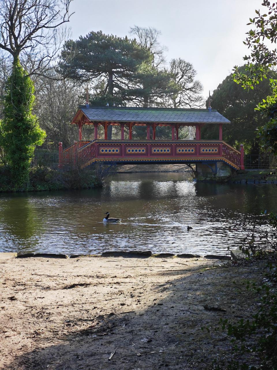 Honor Magic V2 sample photo showing wooden bridge over lake in wooded area at 2.5x zoom