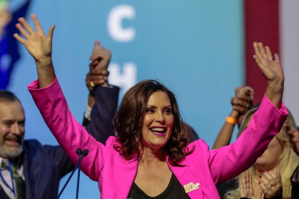 Democratic Michigan Governor Gretchen Whitmer celebrated her re-election in Detroit on 9 November. (REUTERS)