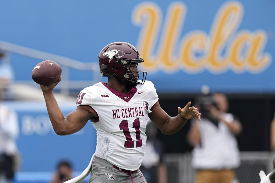 North Carolina Central quarterback Davius Richard passes during the first half of an NCAA college football game against UCLA Saturday, Sept. 16, 2023, in Pasadena, Calif. (AP Photo/Mark J. Terrill)