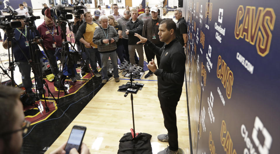 Cleveland Cavaliers general manager Koby Altman speaks to the media at the team's training facility, Friday, April 12, 2019, in Independence, Ohio. Once again, the Cavaliers are looking for a coach. The team parted ways with Larry Drew and have begun their search for his replacement to continue their rebuild. (AP Photo/Tony Dejak)