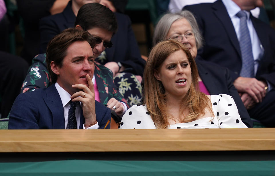 Edoardo Mapelli Mozzi and Princess Beatrice in the Royal Box at Centre Court on day ten of Wimbledon at The All England Lawn Tennis and Croquet Club, Wimbledon. Picture date: Thursday July 8, 2021. (Photo by John Walton/PA Images via Getty Images)