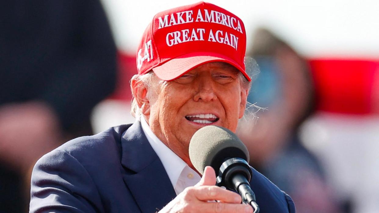 PHOTO: Former President and Republican presidential candidate Donald Trump speaks during a Buckeye Values PAC Rally in Vandalia, Ohio, March 16, 2024. (Kamil Krzaczynski/AFP via Getty Images)