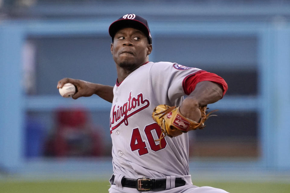 Washington Nationals starting pitcher Josiah Gray throws to the plate during the first inning of a baseball game against the Los Angeles Dodgers Tuesday, July 26, 2022, in Los Angeles. (AP Photo/Mark J. Terrill)