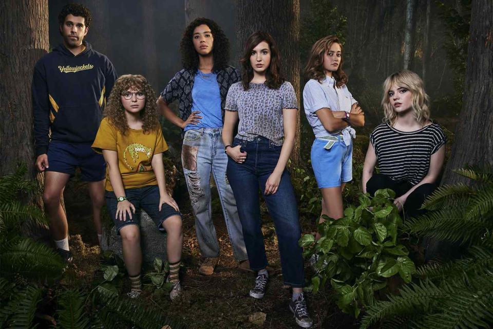 (L-R): Steven Krueger as Ben Scott, Samantha Hanratty as Teen Misty, Jasmin Savoy Brown as Teen Taissa, Sophie N&#xe9;lisse as Teen Shauna, Ella Purnell as Teen Jackie and Sophie Thatcher as Teen Natalie in YELLOWJACKETS. Photo credit: Brendan Meadows/SHOWTIME.