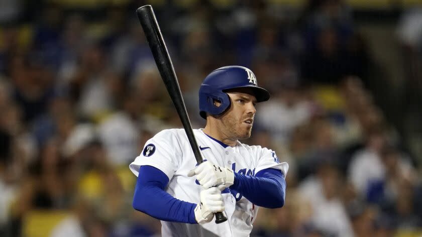 The Dodgers' Freddie Freeman bats during a game against the San Diego Padres on Sept. 3, 2022.