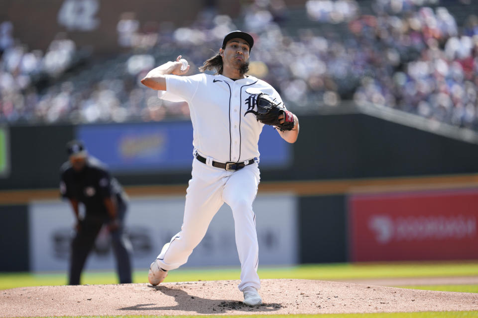 Detroit Tigers pitcher Alex Faedo throws against the Houston Astros in the first inning of a baseball game, Sunday, Aug. 27, 2023, in Detroit. (AP Photo/Paul Sancya)