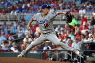 Los Angeles Dodgers starting pitcher Kenta Maeda, of Japan, works against the Atlanta Braves in the first inning of a baseball game Friday, Aug. 16, 2019, in Atlanta. (AP Photo/John Bazemore)