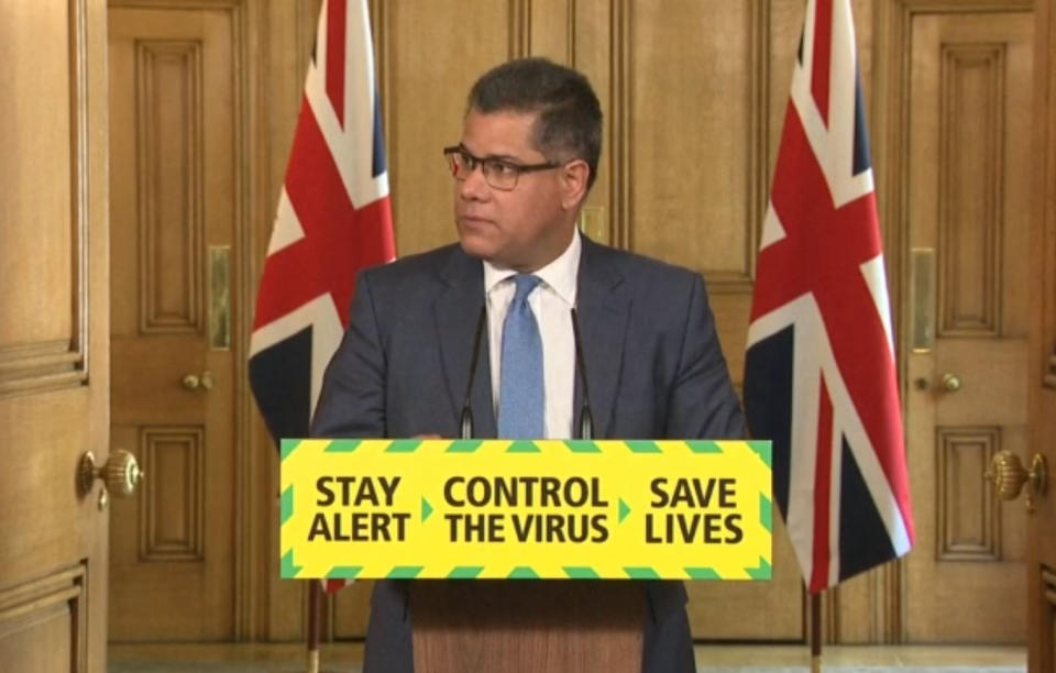 Screen grab of Business, Energy and Industrial Strategy Secretary Alok Sharma during a media briefing in Downing Street, London, on coronavirus (COVID-19).