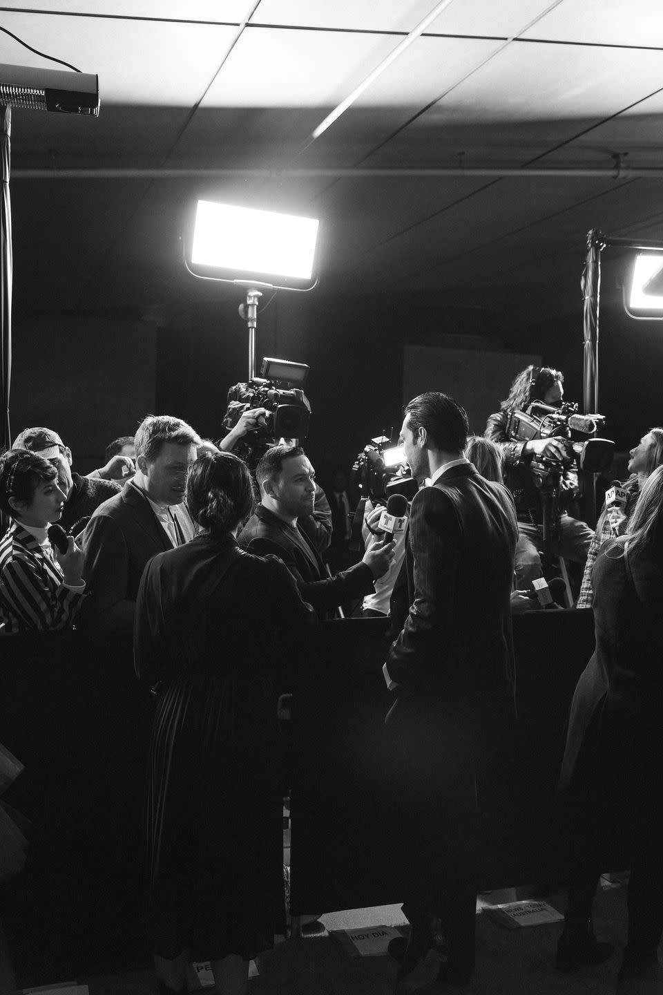 calva speaking to the press at the premiere