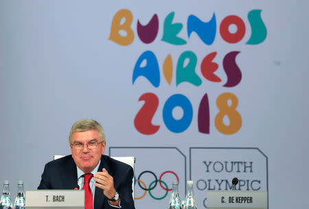 Thomas Bach, President of the International Olympic Committee (IOC), gestures as he speaks the 133rd IOC session in Buenos Aires, Argentina October 9, 2018. REUTERS/Marcos Brindicci