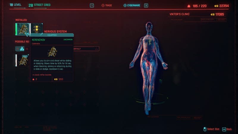 A screenshot of an in-game menu in Cyberpunk 2077 shows off cybernetic implants.