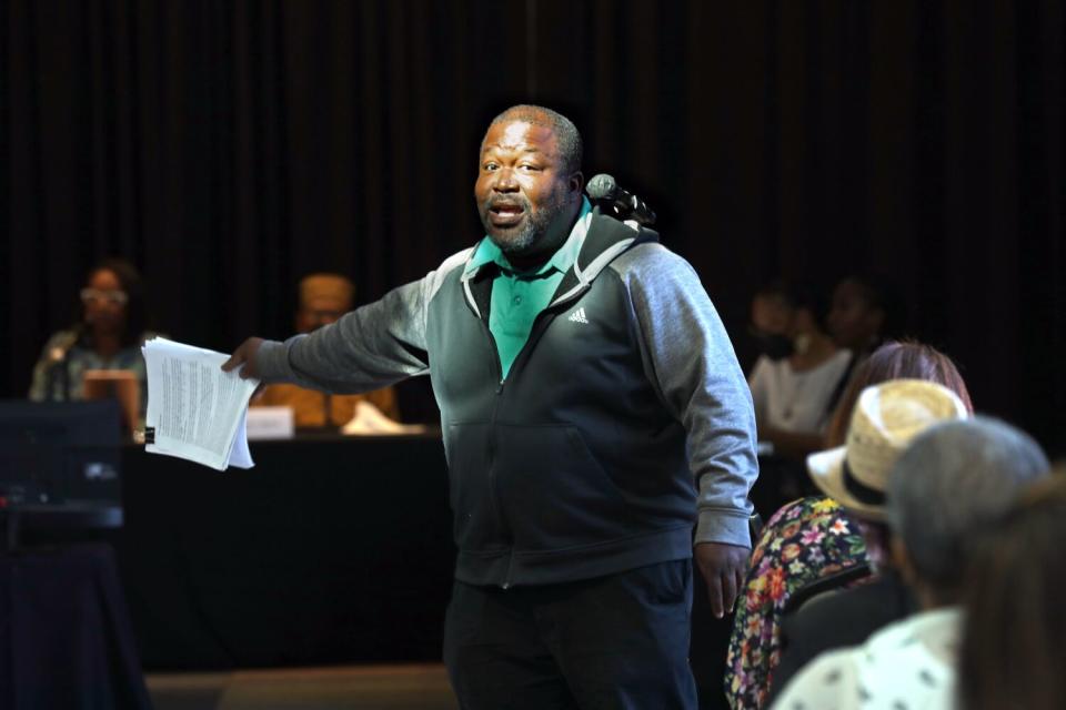 Kenneth Henderson makes a statement in front of the California Reparations Task Force.