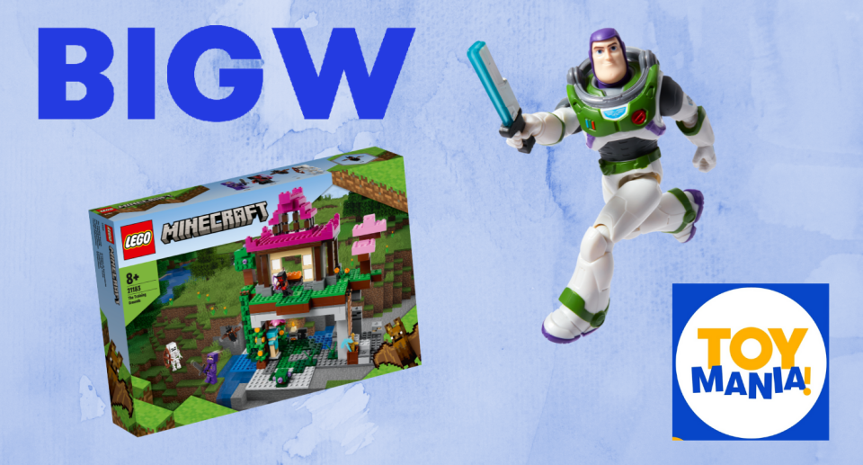 BIG W logo on a blue background with a box of Lego minecraft, an action figure and the Toy Mania logo.