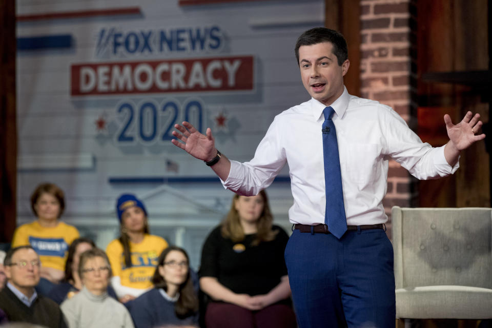 Democratic presidential candidate former South Bend, Ind., Mayor Pete Buttigieg speaks at a FOX News Channel Town Hall at the River Center, Sunday, Jan. 26, 2020, in Des Moines, Iowa. (AP Photo/Andrew Harnik)