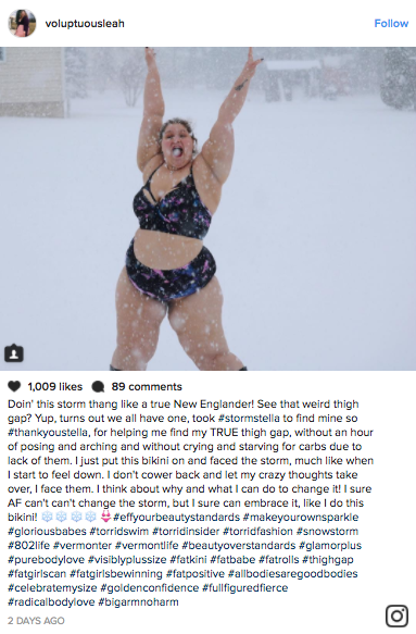 Plus-size blogger Leah Stanley went out during Winter Storm Stella in her bikini for a really powerful reason.