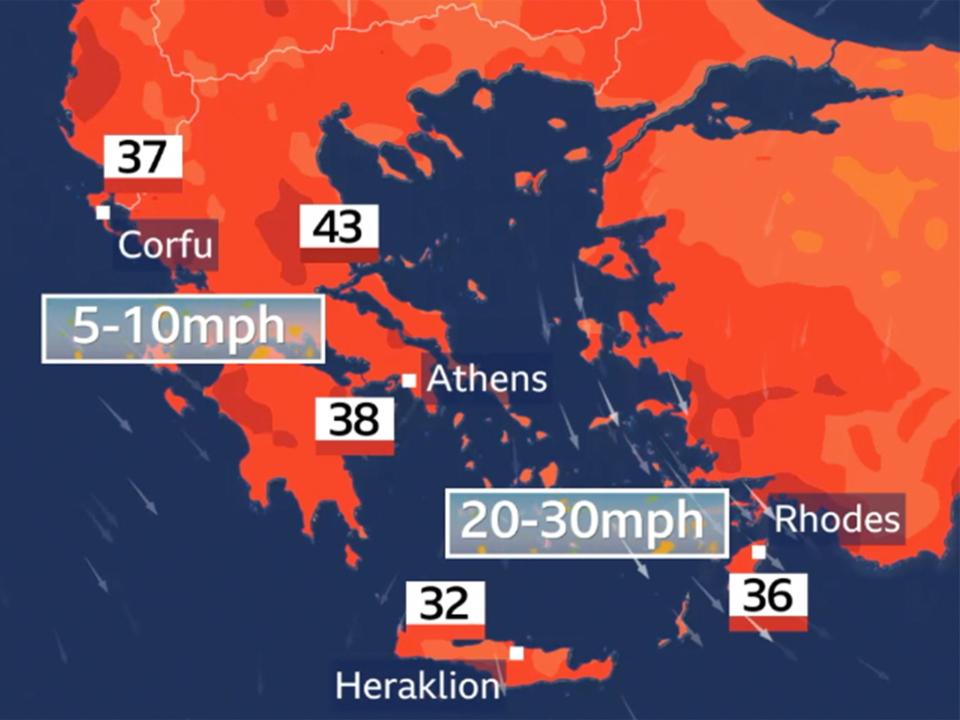 Weather map showing forecast for heat and winds in Greece on Monday amid wildfires on Corfu and Rhodes (BBC Weather)