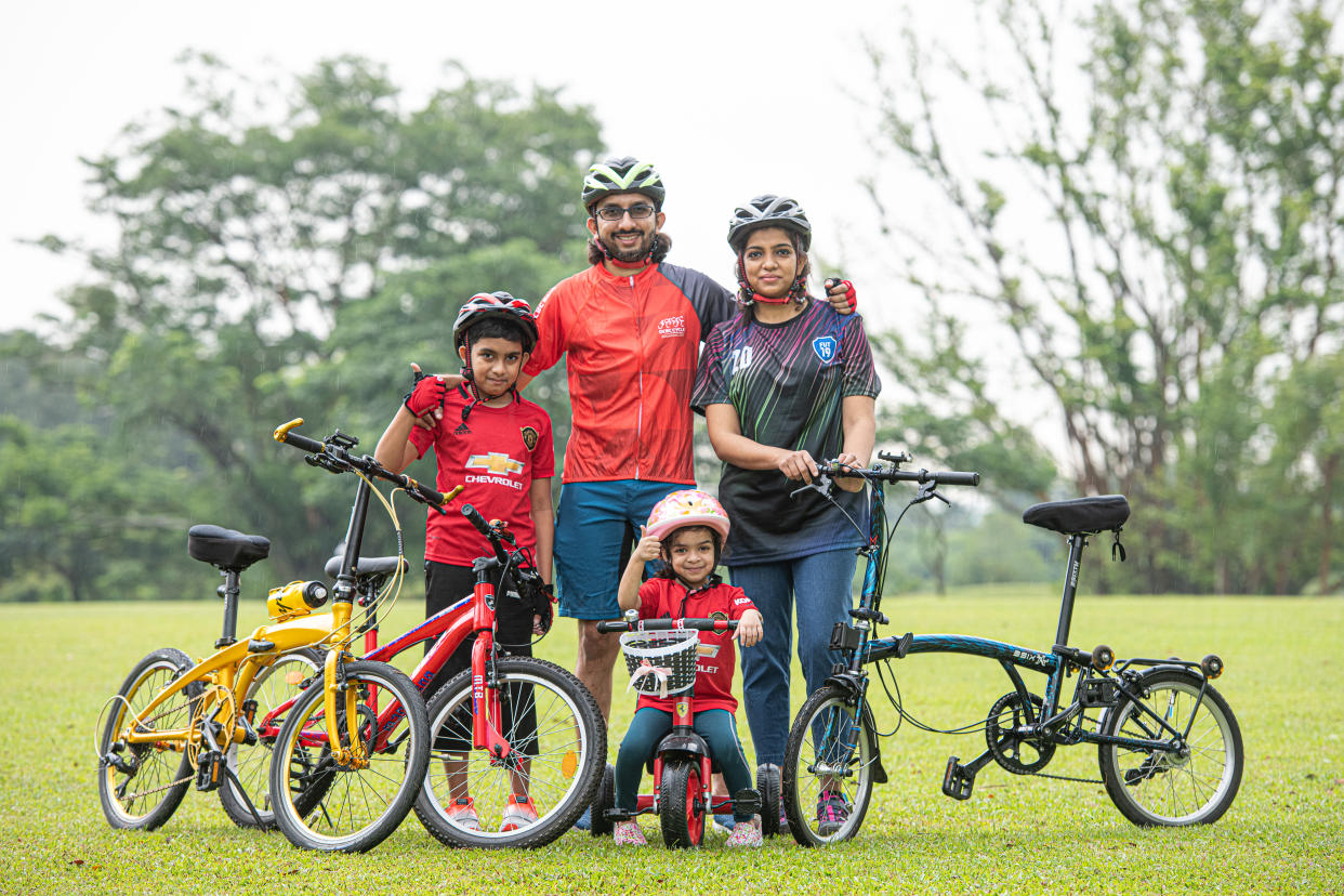 Nizam A Haja with his wife and kids. The avid cyclist was pleasantly surprised that his son Feroz Zidane and daughter Feyona Ziya asked to join him in the OCBC Cycle Virtual Rides this year. (PHOTO: OCBC Cycle)