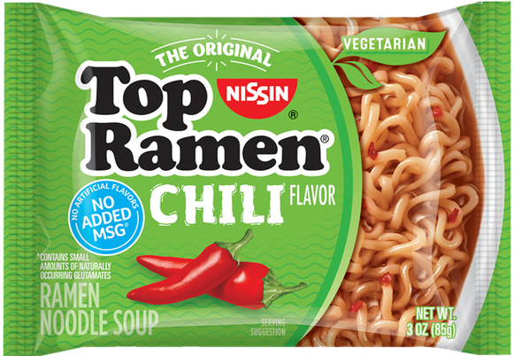 Package of Nissin Foods "Top Ramen" Chili flavor with "Vegetarian" and "No Added MSG" labels.