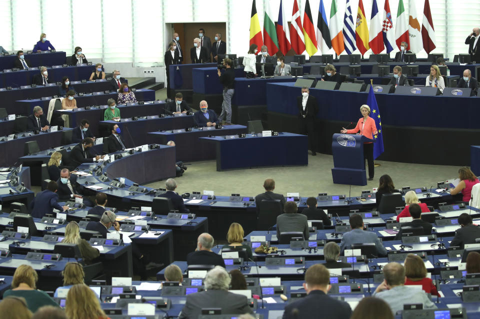 European Commission President Ursula von der Leyen delivers a State of the Union Address at the European Parliament in Strasbourg, France, Wednesday, Sept. 15, 2021. Stung by the swift collapse of the Afghan army and the chaotic U.S.-led evacuation through Kabul airport, the European Union on Wednesday unveiled new plans to develop its own defense capacities to try to ensure that it has more freedom to act in future crises. (Yves Herman, Pool via AP)